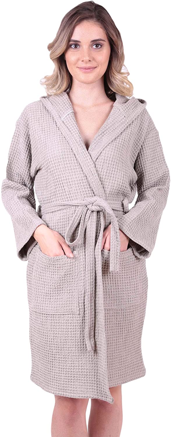 Price:$34.99 Stonewashed Waffle Bathrobe Hooded, Unisex – Premium Quality, 100% Turkish Cotton, Ultra Soft at Amazon Women’s Clothing store