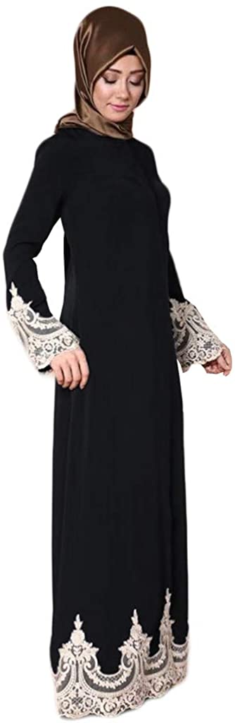 Price:$17.38 Women Maxi Dress Muslim Abaya Lace Patchwork Long Gown Casual Dubai Kaftan Dresses Islamic Arab Robe at Amazon Women’s Clothing store