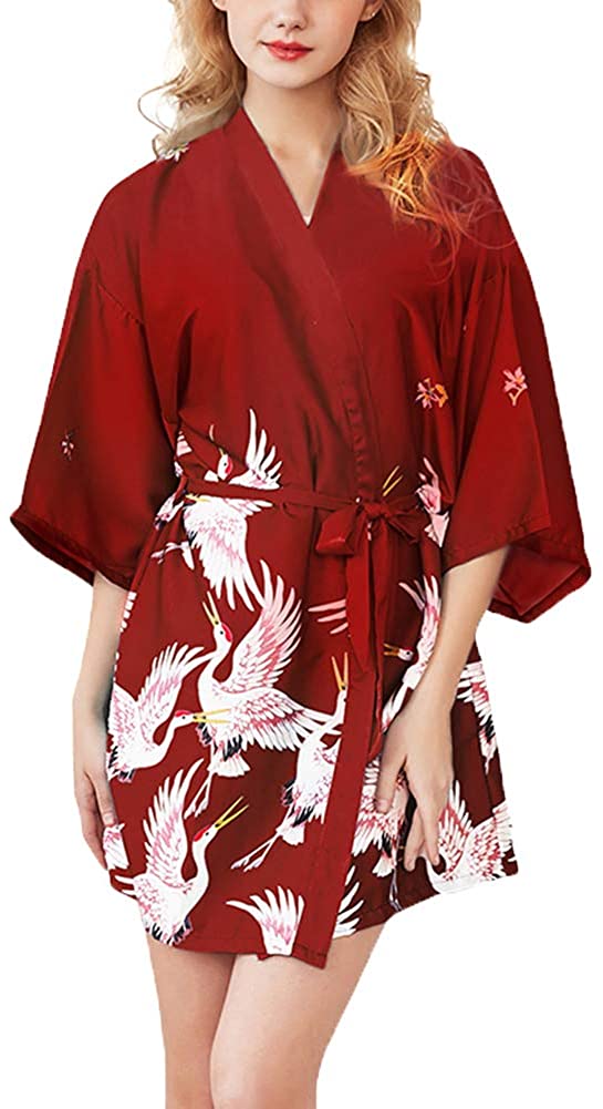 Price:$9.99    Women's Pajama Satin Kimono Robe Floral Bride Bridesmaids Robe Short Sleeve Summer Kimono Bathrobe Sleepwear with Belt  Clothing