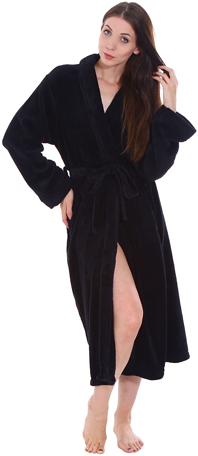 Price:$29.99 Women's Soft Plush Warm Fleece Bathrobe Robes, Black at Amazon Women’s Clothing store