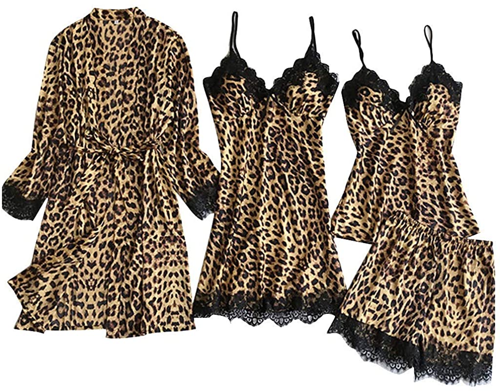Price:$7.99 Swyss Women's Satin Silk Pajamas Set Leopard Lace Trim Kimono Robe and Chemise Nightgown Pj Set Sleepwear Nightwear at Amazon Women’s Clothing store