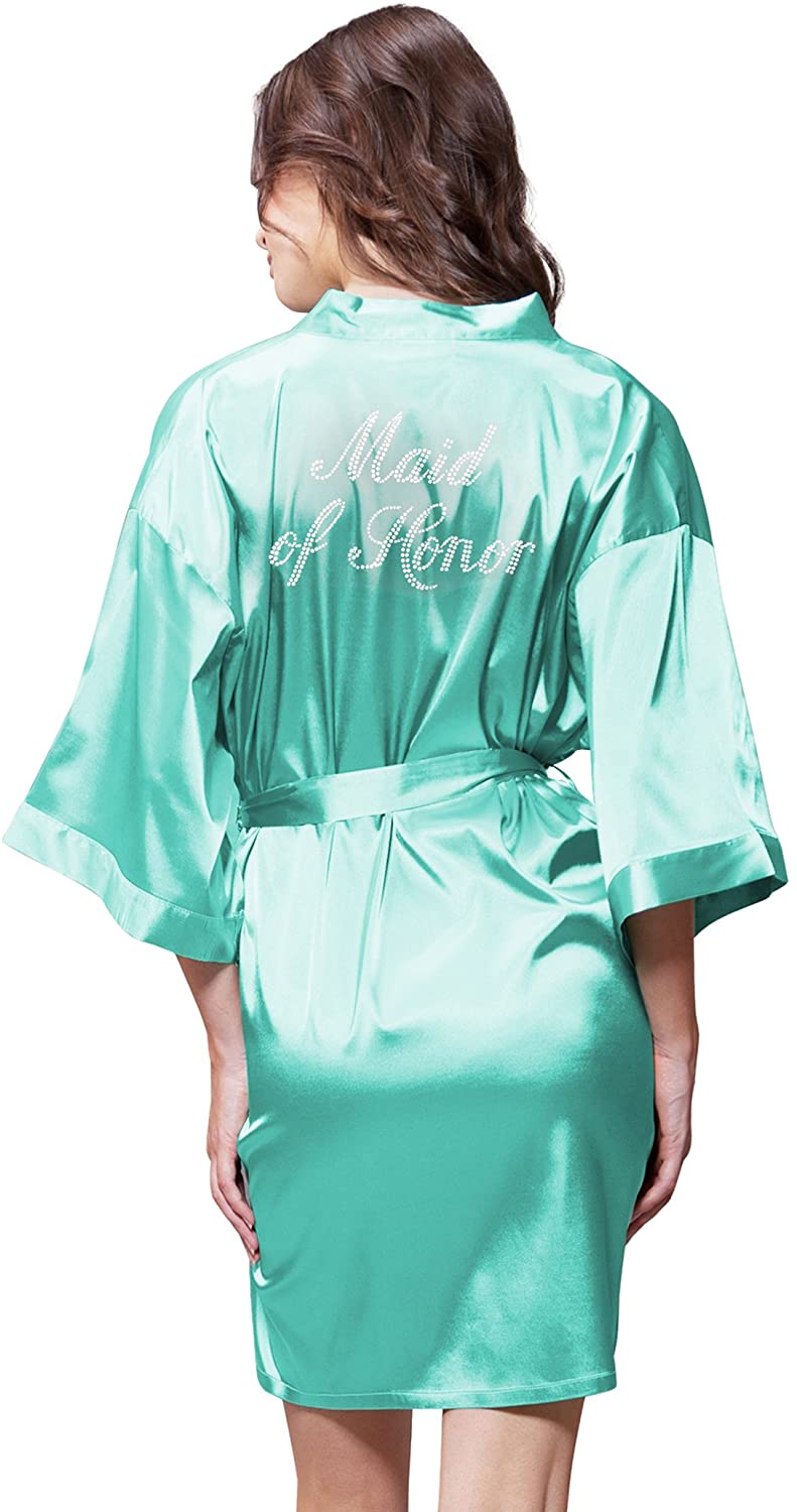 Price:$17.99 Turquaz Linen Satin Kimono Rhinestone Maid of Honor Robe at Amazon Women’s Clothing store