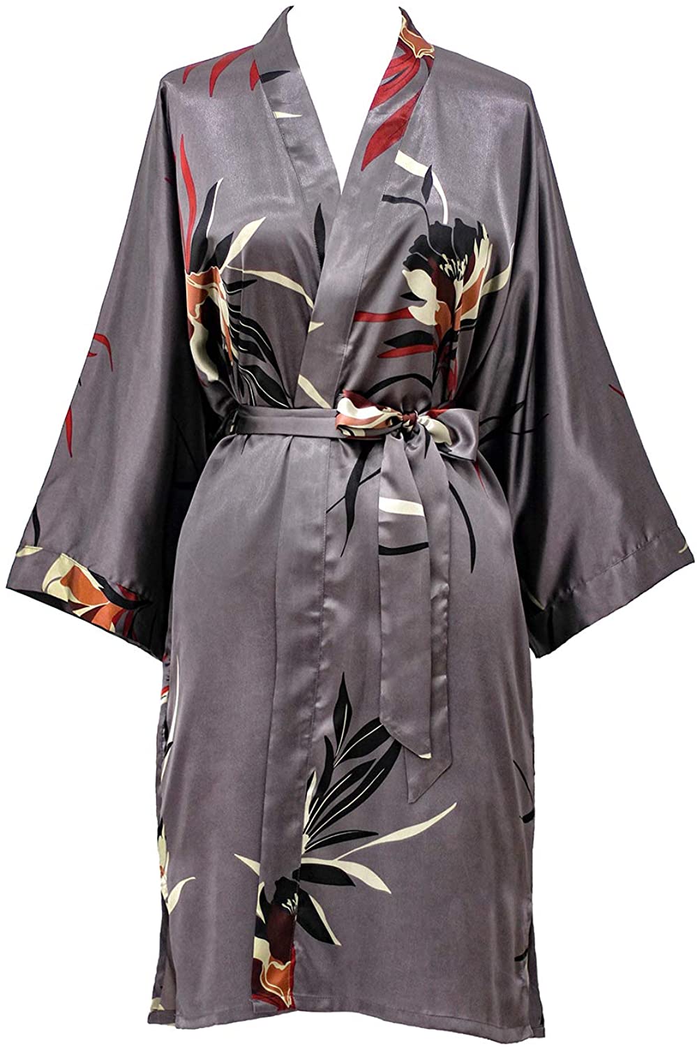 Price:$25.00 Women's Satin Kimono Robe Short - Floral - Hana - Gunmetal (Grey) at Amazon Women’s Clothing store