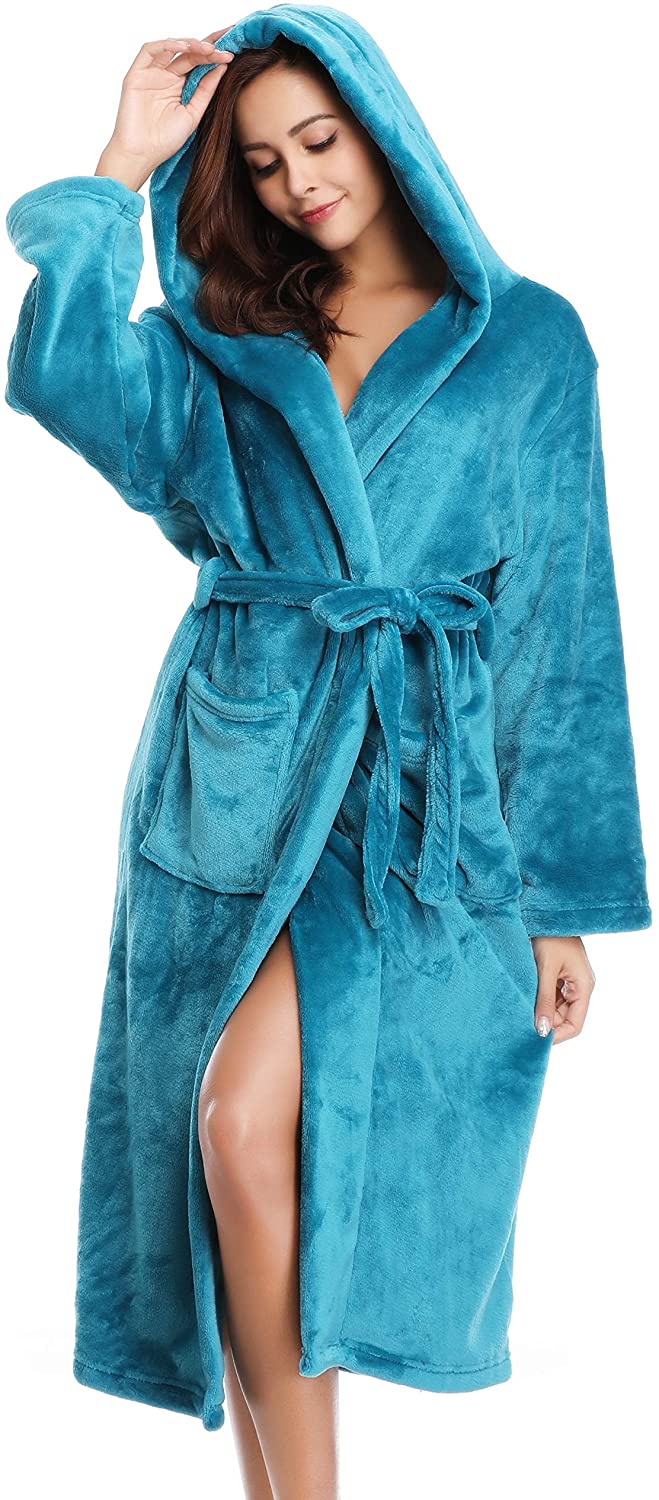 Price:$9.99 Vlazom Women's Warm Fleece Robe with Hooded, Soft Plush Bathrobe Fluffy Long House Coat at Amazon Women’s Clothing store