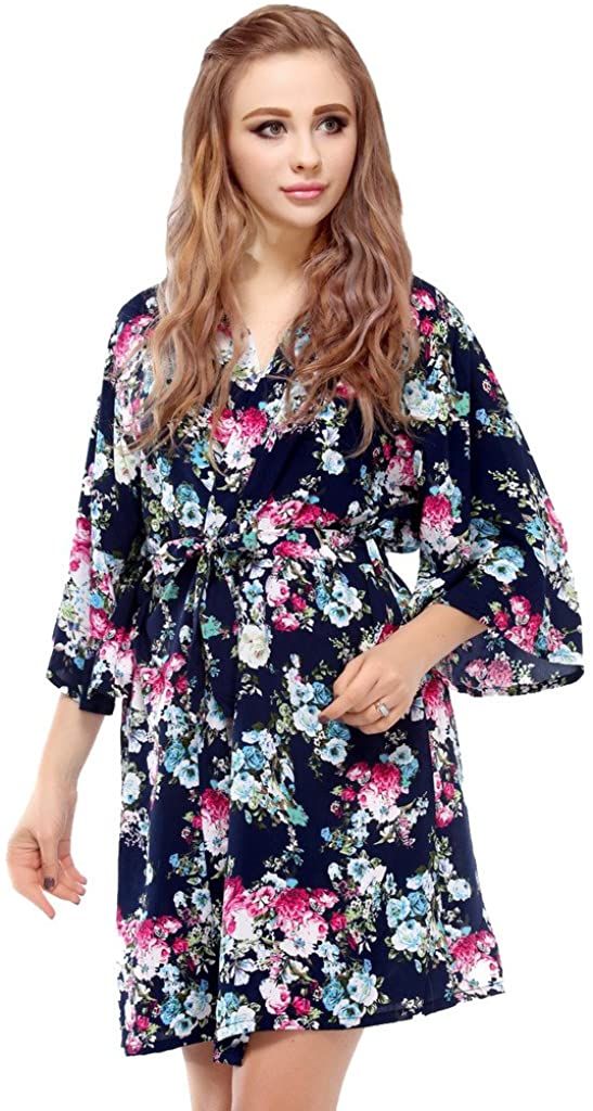 Price:$12.99    Skyfitting Women's Floral Kimono Bathrobe, Short Soft Cotton Bridesmaid Robes Regular Size / 36" Length Navy Blue  Clothing