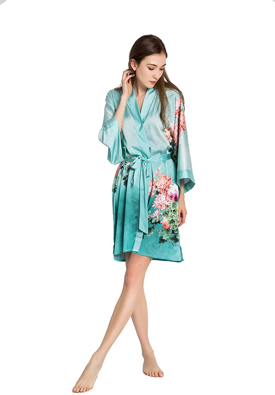 Price:$98.00 Women's Charmeuse Kimono Robe Short - Watercolor Floral - Coral Chrysanthemum- Mineral Blue at Amazon Women’s Clothing store