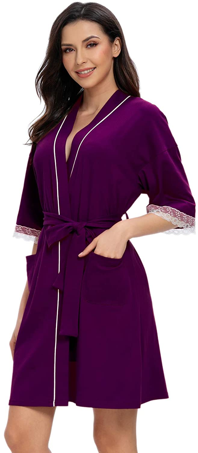 Price:$15.99 MINTLIMIT Womens Kimono Robe Short Cotton Robes Lightweight Knit Bathrobe Soft Sleepwear Pockets Ladies Loungewear with Lace at Amazon Women’s Clothing store