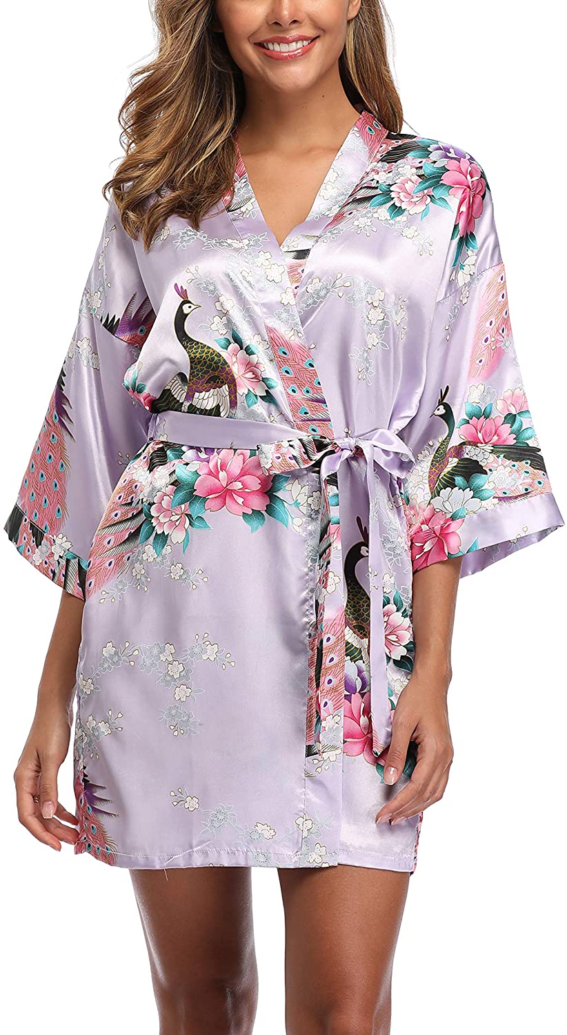 Price:$9.98 Women's Satin Bridesmaid Kimono Robes Short Peacock and Floral Bathrobe with Pockets at Amazon Women’s Clothing store