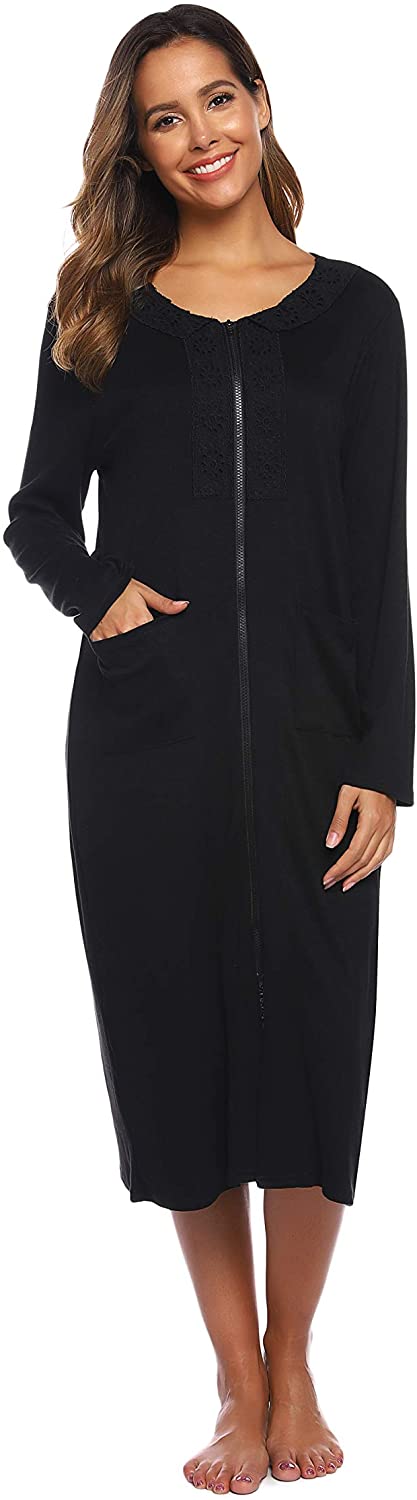 Price:$32.99 Womens Bathrobes with Belt Long Nightgown Zippered Robe Cotton Bathrobes with Zipper S-2XL at Amazon Women’s Clothing store
