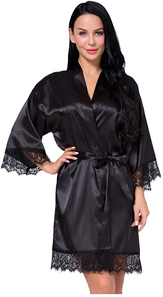 Price:$14.90 Women's Satin Silk Robe in Lace Stitching Sexy V-Necked Pajamas Kimono Nightgown Bridesmaids Sleepwear at Amazon Women’s Clothing store