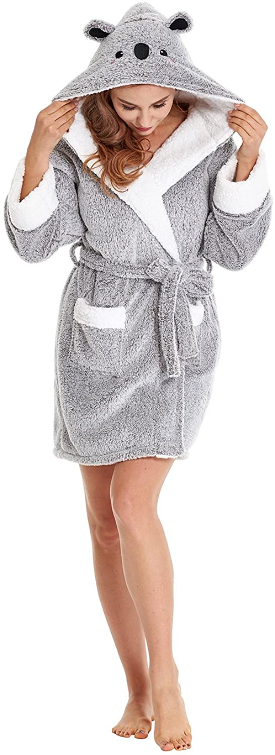 Price:$22.99 Firecos Plush Robes for Women Animal Hooded Robe Womens Soft Warm Short Fleece Bathrobe Winter Robe at Amazon Women’s Clothing store