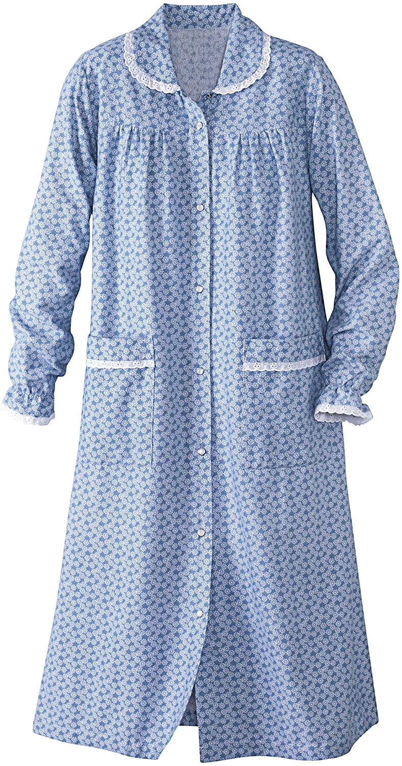 Price:$33.95 National Eyelet Trim Flannel House Coat at Amazon Women’s Clothing store