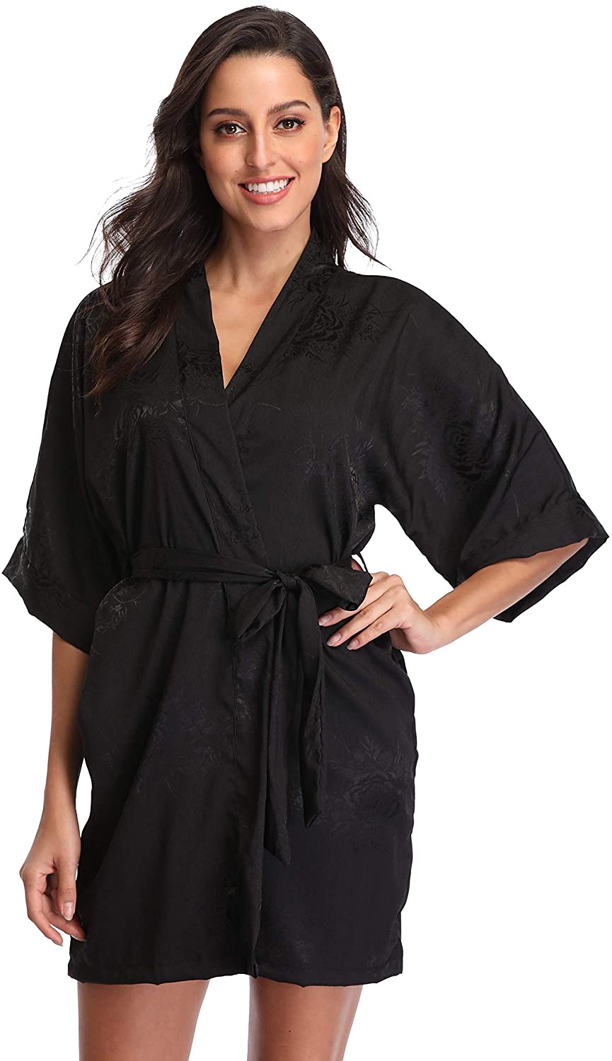 Price:$18.99 Luvrobes Women's Floral Satin Kimono Robe, Solid Color, Short (Black-Floral, XL) at Amazon Women’s Clothing store