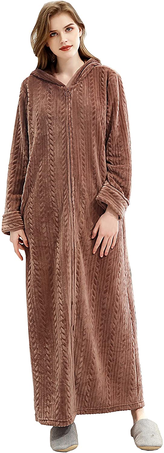 Price:$19.98 Costyleen Women Men Flannel Bathrobe Homewear Zipper Winter Long Plush Robe at Amazon Women’s Clothing store