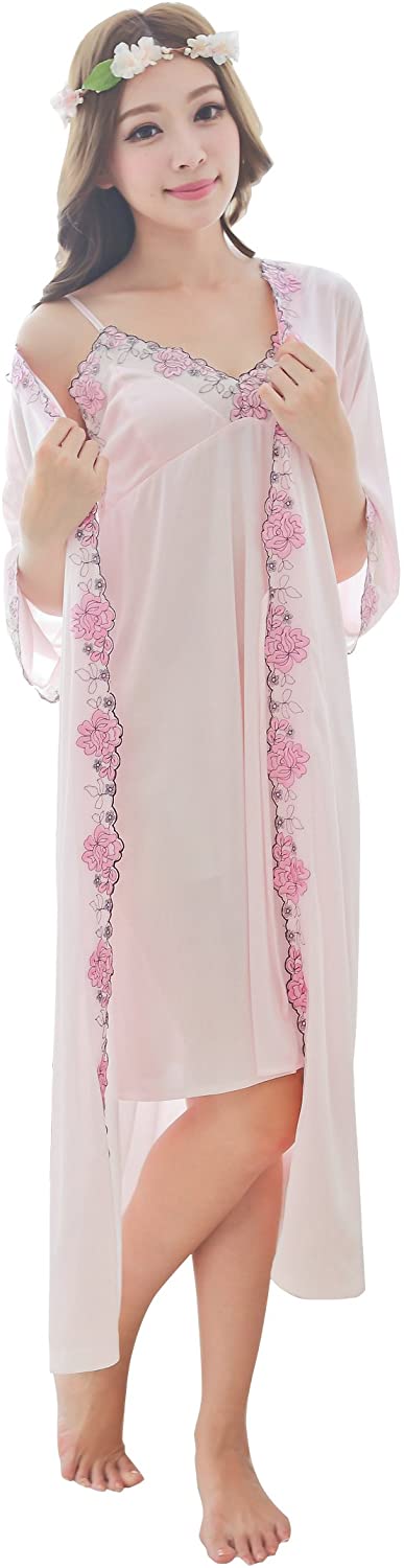 Price:$24.99 Camellia12 Silk Vintage Slip & Robe Set, Floral Lace Trim 2PC Sleepwear Pink at Amazon Women’s Clothing store