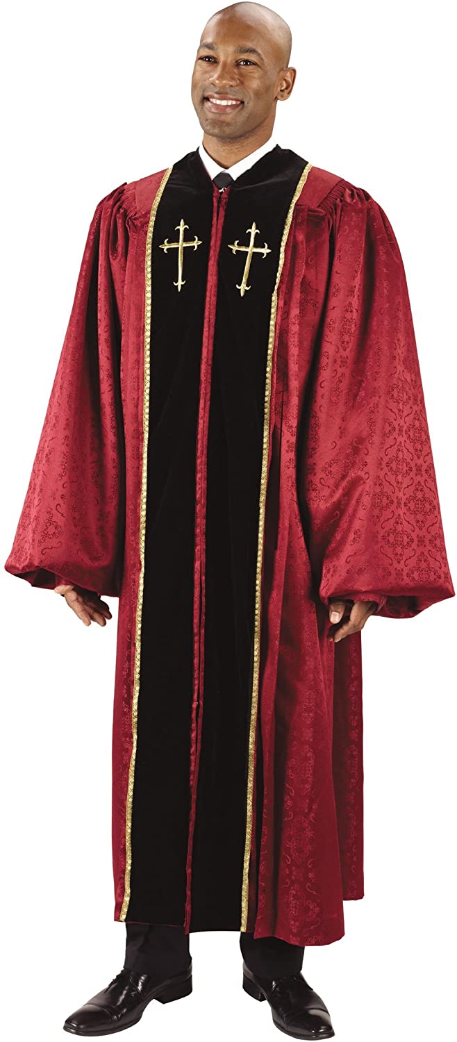 Price:$149.95 Burgundy Jacquard Pulpit Robe with Embroidered Gold Crosses (59 XL 6' - 6'2" Height. 59" Back Length. 34" Sleeve Length) at Amazon Women’s Clothing store  Home And Garden Products