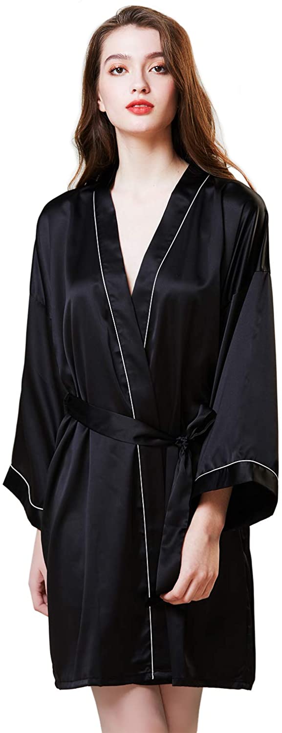 Price:$19.99 Womens Robe Satin Kimono Silk Short Bathrobe Sleepwear Dressing Gown Pajama for Bridesmaid at Amazon Women’s Clothing store
