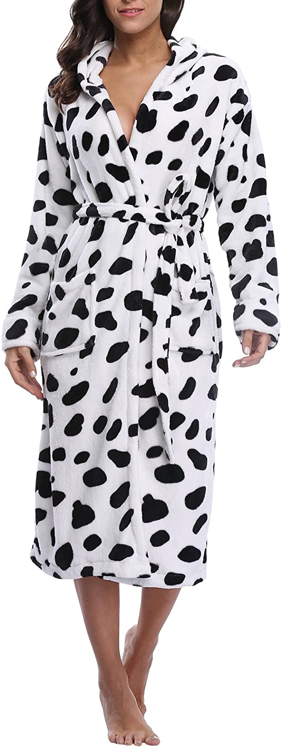 Price:$15.99 VIKEY Women's Fleece Hooded Robe, Long Bathrobe with Animal Print Warm Bathrobe at Amazon Women’s Clothing store