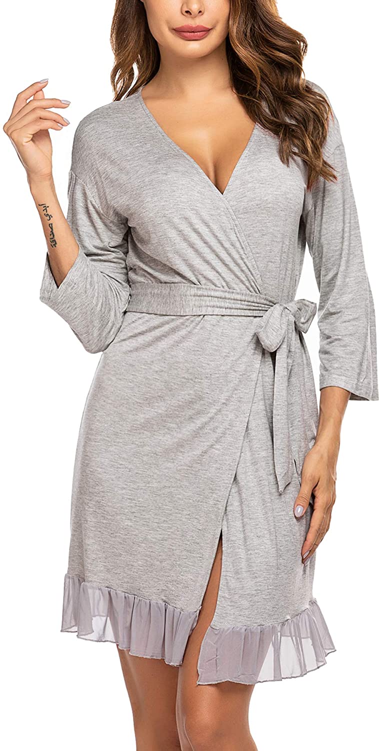 Price:$9.99 Ekouaer Women Kimono Robes 3/4 Sleeve Lace Lightweight Robe Short Knit Bathrobe Soft Sleepwear Loungewear at Amazon Women’s Clothing store