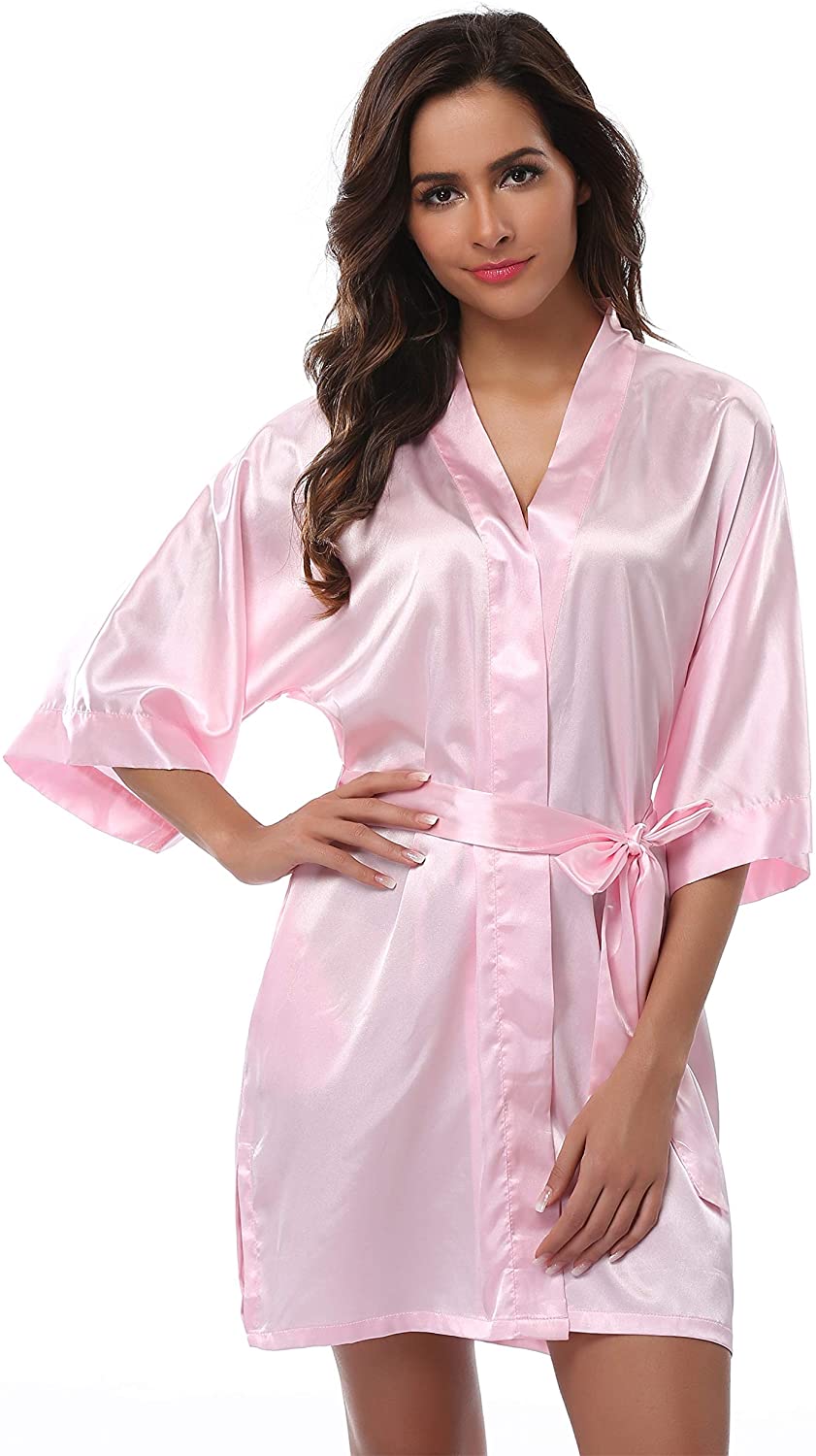 Price:$8.99 Feelia Women's Pure Kimono Robe Short Satin Bathrobe Bridesmaid Bride Sleepwear at Amazon Women’s Clothing store