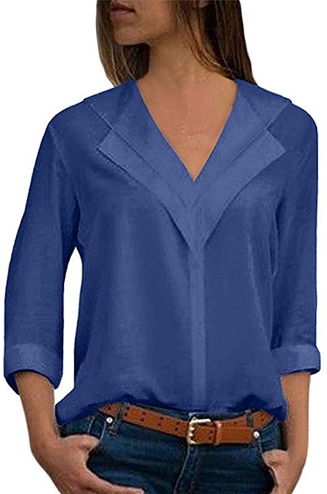 Price:$15.99 Showking@ Women's 2018 Fashion Womens Chiffon Solid T-Shirt Office Ladies Plain Roll Sleeve Blouse Tops at Amazon Women’s Clothing store