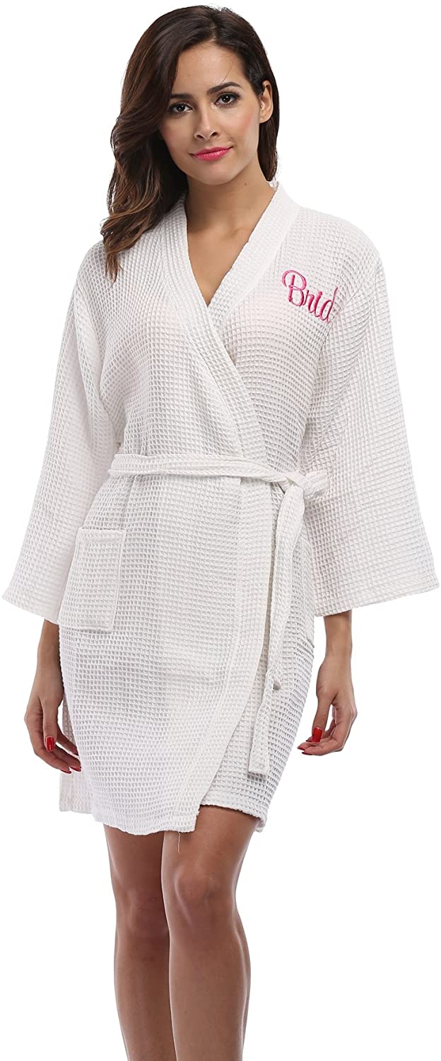 Price:$18.99 VogueBridal Waffle Weave Kimono Robe With Embroidered Bathrobe For Bride White One Size Fits Most at Amazon Women’s Clothing store