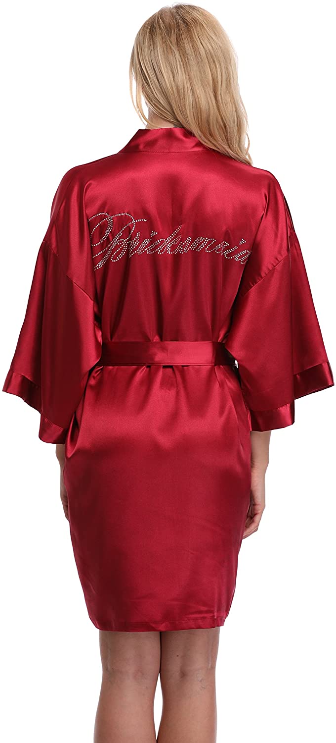 Price:$12.98 KimonoArt Satin Rhinestone Short Kimono Robe for Bride Bridesmaid Maid of Honor at Amazon Women’s Clothing store