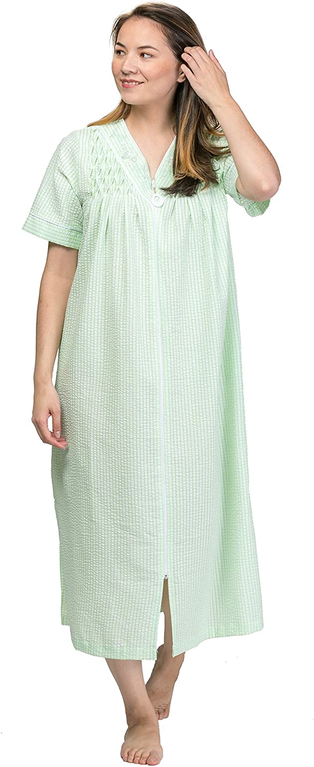 Price:$39.95 Miss Elaine Plus Robes - Long V-Neck Smocked Zip Robe in Mint Check at Amazon Women’s Clothing store