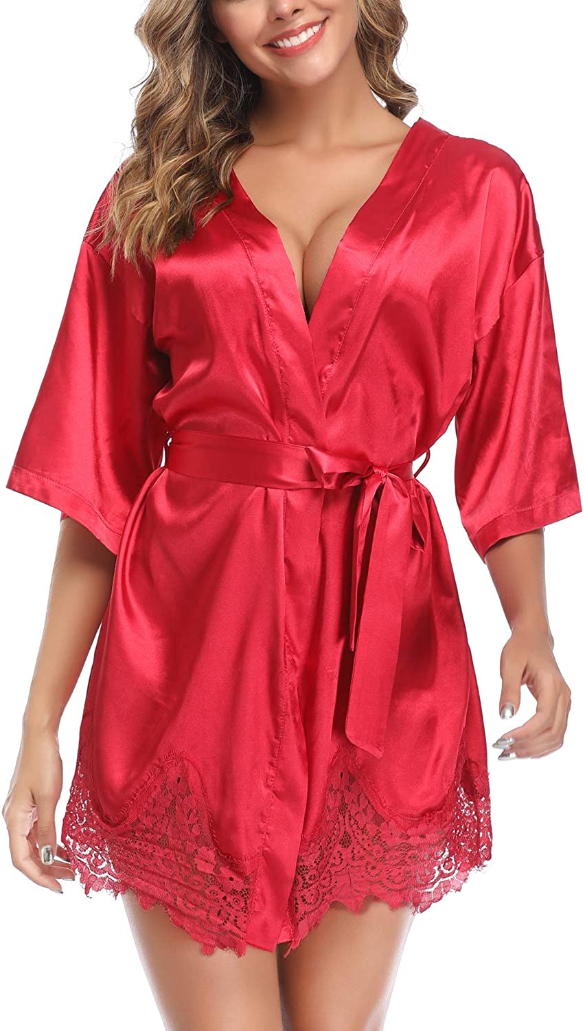 Price:$9.99 MISSJOY Women's Short Satin Lace Kimono Robe Sleepwear Silky Bridesmaids Bathrobe at Amazon Women’s Clothing store