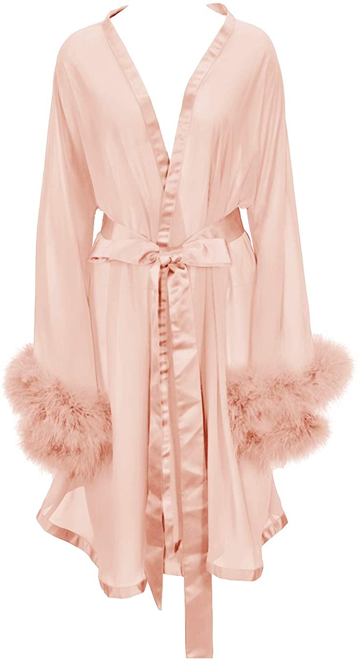 Price:$59.99 Yexinbridal Feather Sheer Robe with Fur Trim Belt Sexy Illusion Nightgown Sleepwear at Amazon Women’s Clothing store