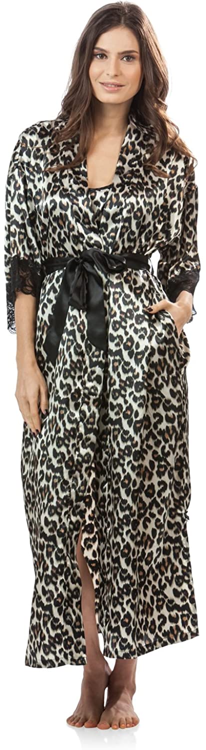 Price:$29.99 Ashford & Brooks Women's Satin Lace Trim Long Kimono Robe at Amazon Women’s Clothing store