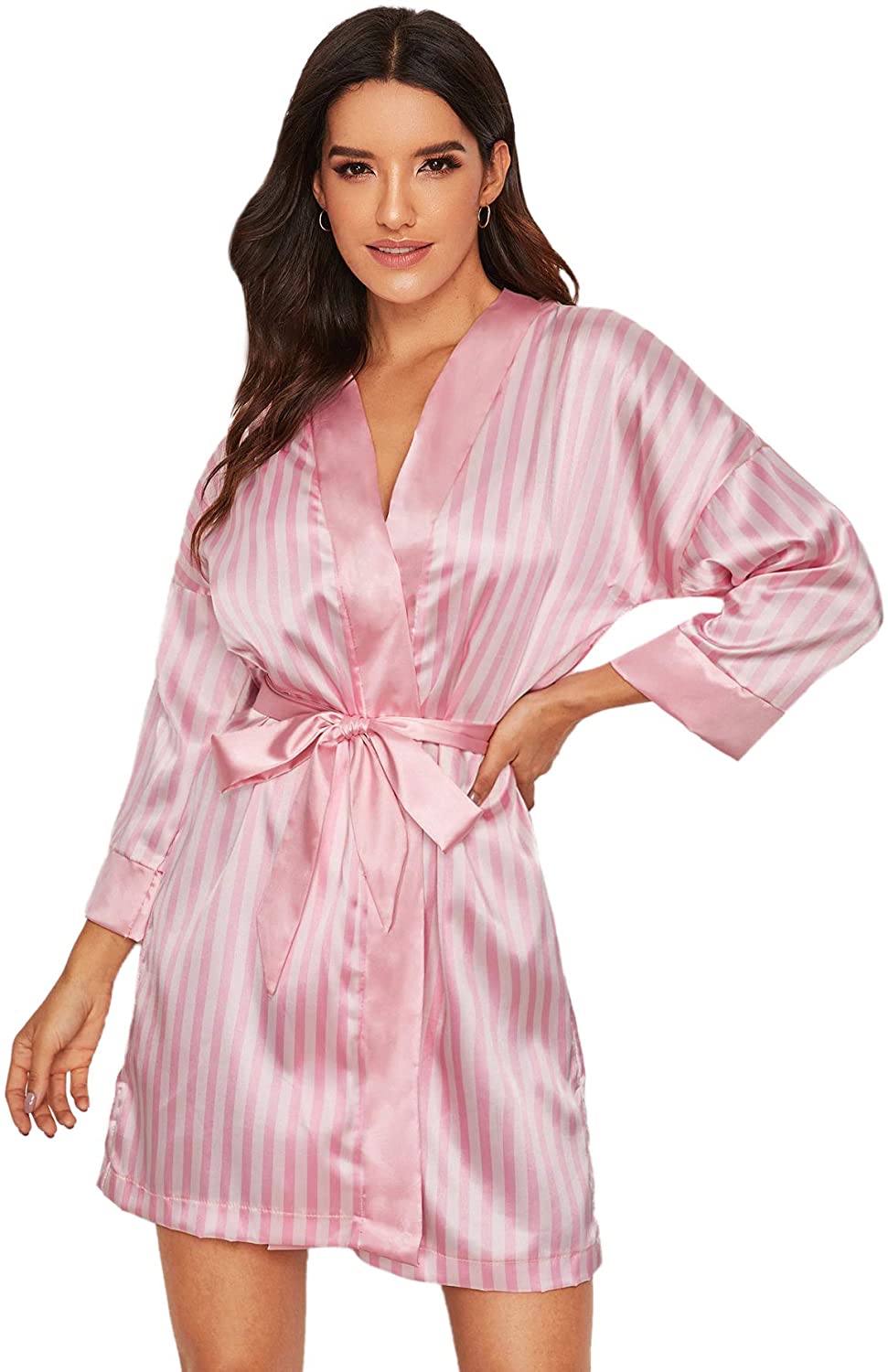 Price:$17.99 Floerns Women's Striped Bridesmaid Satin Kimono Oblique V Neck Bathrobe Robes at Amazon Women’s Clothing store