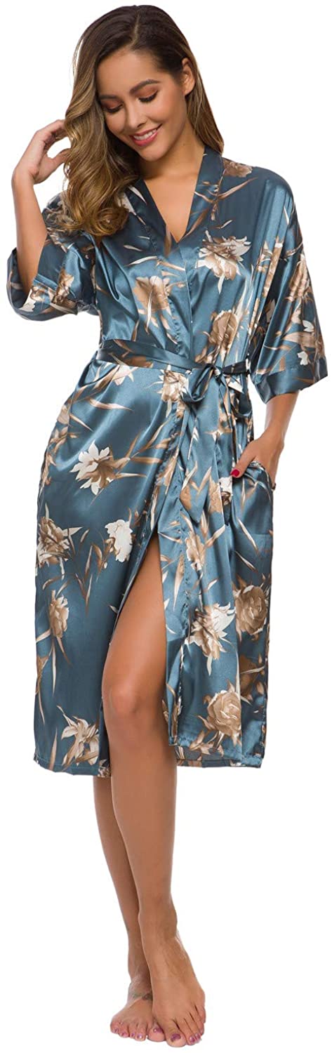 Price:$15.99 Alcea Rosea Kimono Robes for Women Satin Silky Short Daliywear Homewear Bridesmaid and Bride Robe at Amazon Women’s Clothing store