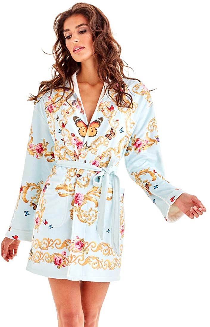 Price:$209.99 Wrap Up by VP, Blue Butterflies Microfiber Short Robe in Pastel Colors at Amazon Women’s Clothing store