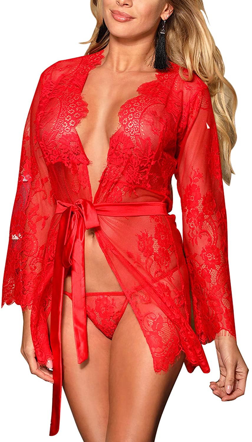 Price:$13.99 Viorsun Women's Lace Kimono Short Robe Lingerie Eyelash Babydoll Sheer Nightwear at Amazon Women’s Clothing store