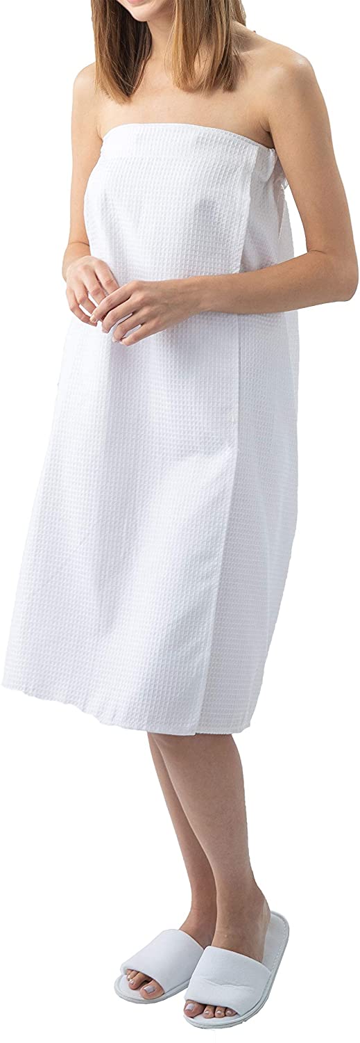 Price:$17.50 Appearus Women's Waffle Spa Wrap - Lightweight Waffle Spa Bath Shower Body Wrap with Snap Closure (1 Pc) White at Amazon Women’s Clothing store