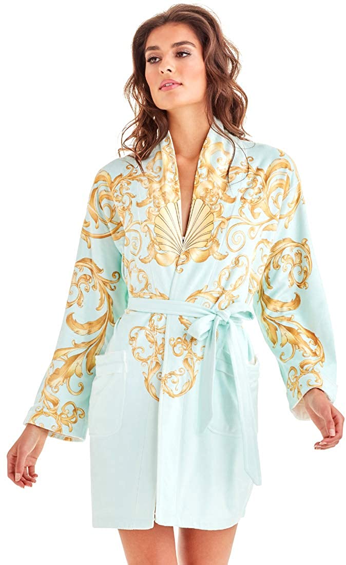 Price:$209.99 Wrap Up by VP Baroque Seafoam Gold Tones Microfiber Short Robe at Amazon Women’s Clothing store