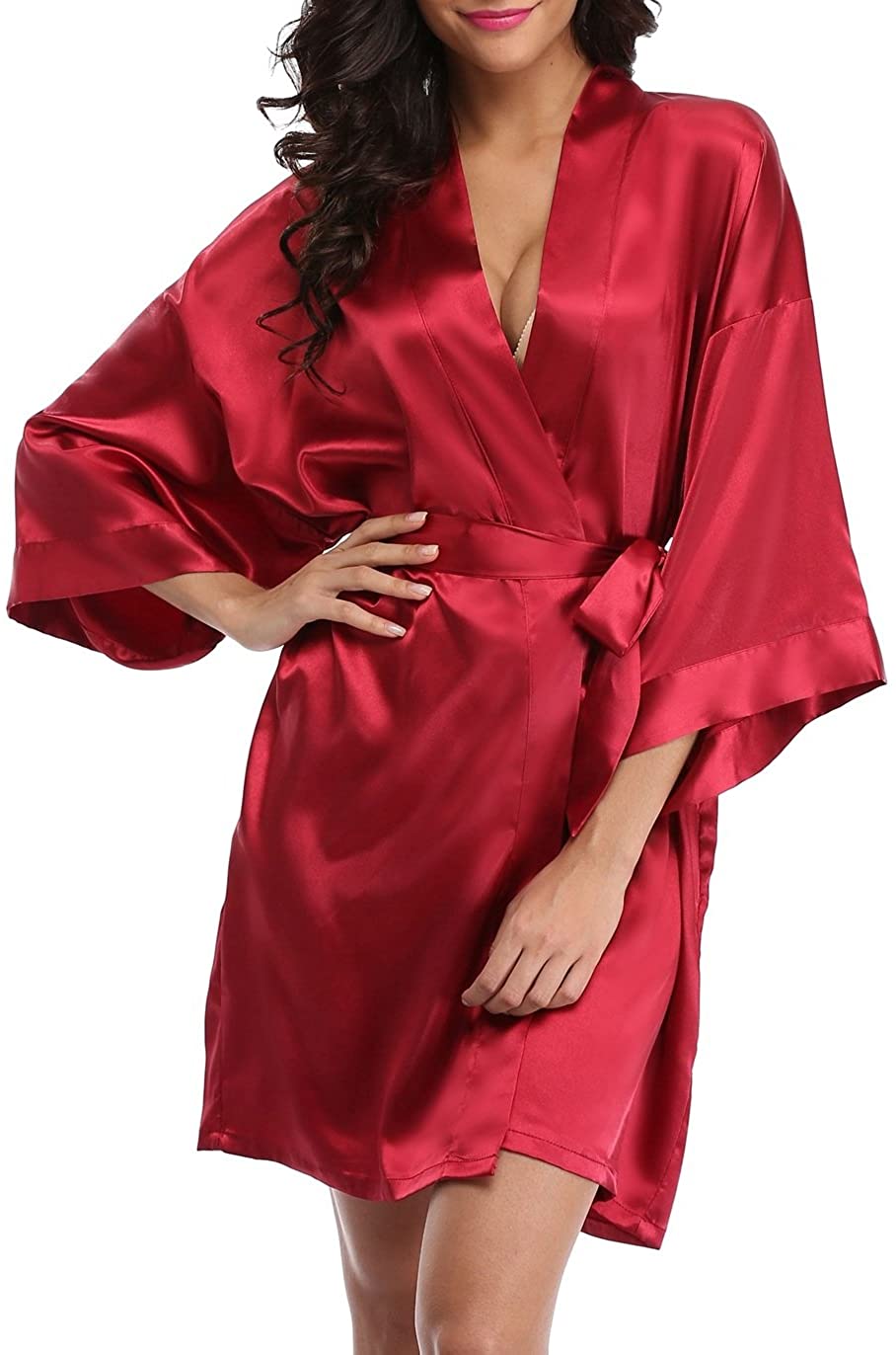 Price:$8.99 Vintava Women's Satin Wedding Dressing Gown Short Kimono Robe for Bride Bridesmaid at Amazon Women’s Clothing store