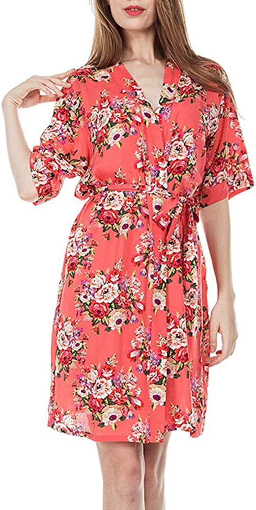 Price:$10.99    Women's Floral Cotton Kimono Robes V Neck Belted Short Lightweight Bridesmaid Nightgown Bathrobe  Clothing