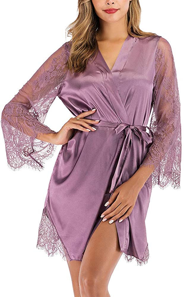 Price:$21.99 Macolily Women's Sleepwear Kimono Robe Lace Satin Silk Lingerie V-Neck Short Bridesmaids Robe Bathrobe S-XXL at Amazon Women’s Clothing store