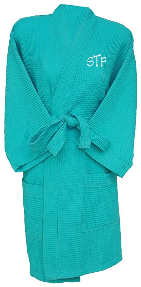 Price:$31.95 Personalized Womens Knee Length 36” Waffle Weave Kimono Bathrobes One Size Fits Most Spa Robes (Caribbean Green) at Amazon Women’s Clothing store