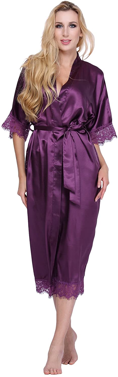 Price:$9.99 expressbuynow Women's Kimono Robe Long Silk Bridesmaid Robe with Lace Trim at Amazon Women’s Clothing store