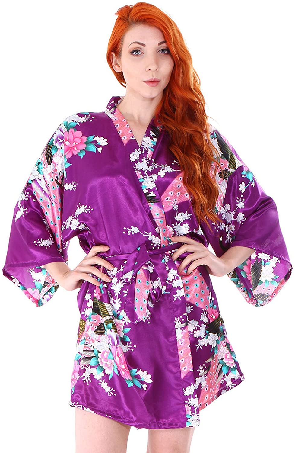 Price:$14.99 Women's Peacock & Blossoms Printed Kimono Short Robe Sleepwear, Purple at Amazon Women’s Clothing store
