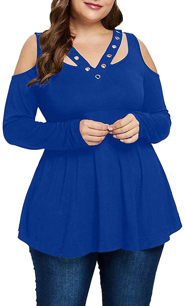 Price:$1.39 Women's Plus Size Solid Lightweight Tops Long Sleeve V Neck T Shirts Casual Loose Cold Shoulder Shirt Blouse at Amazon Women’s Clothing store