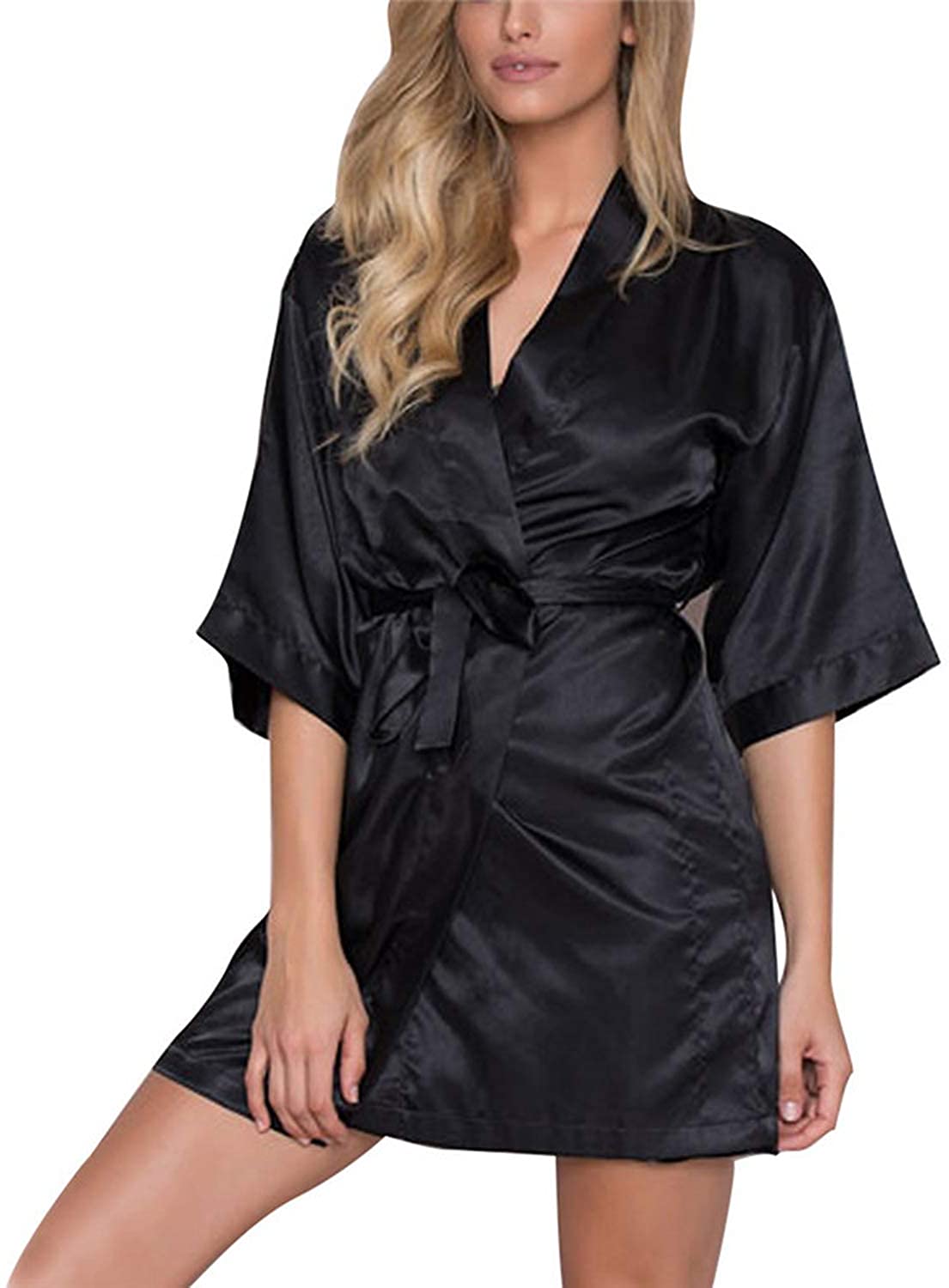 Price:$21.10 Women Solid Bathrobe Short Kimono Robe Sexy Silk Sleepwear Home Clothes Dressing Gowns for Women at Amazon Women’s Clothing store