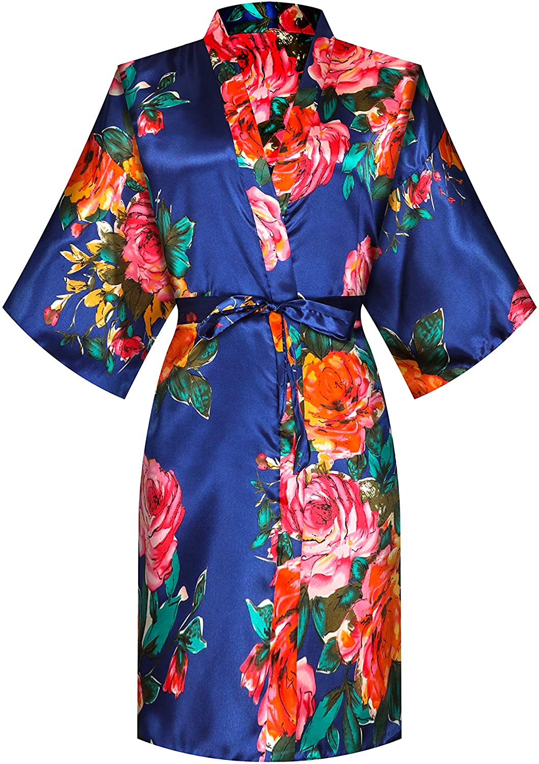 Price:$11.99 MORFORU Women Bride Bridesmaid One Size Silky Satin Peony Kimono Robe Sleepwear for Wedding Party Getting Ready, Short (Navy) at Amazon Women’s Clothing store