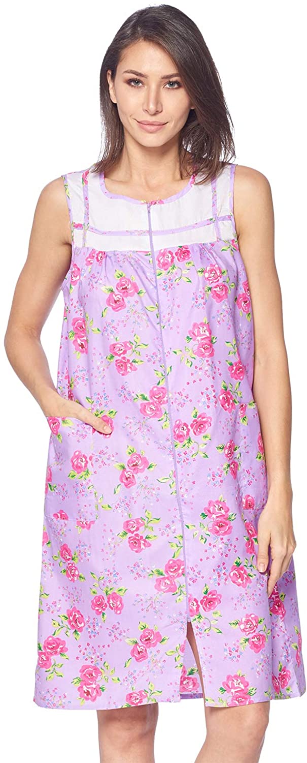 Price:$17.99 Casual Nights Women's Zipper Front House Dress Duster Sleeveless Housecoat Lounger Robe, Floral Lilac Purple, Medium at Amazon Women’s Clothing store