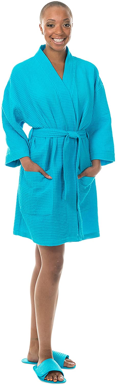 Price:$15.95 Comfy Robes Women's Kimono Thigh-Length Waffle Weave Robe, L/XL Aqua at Amazon Women’s Clothing store