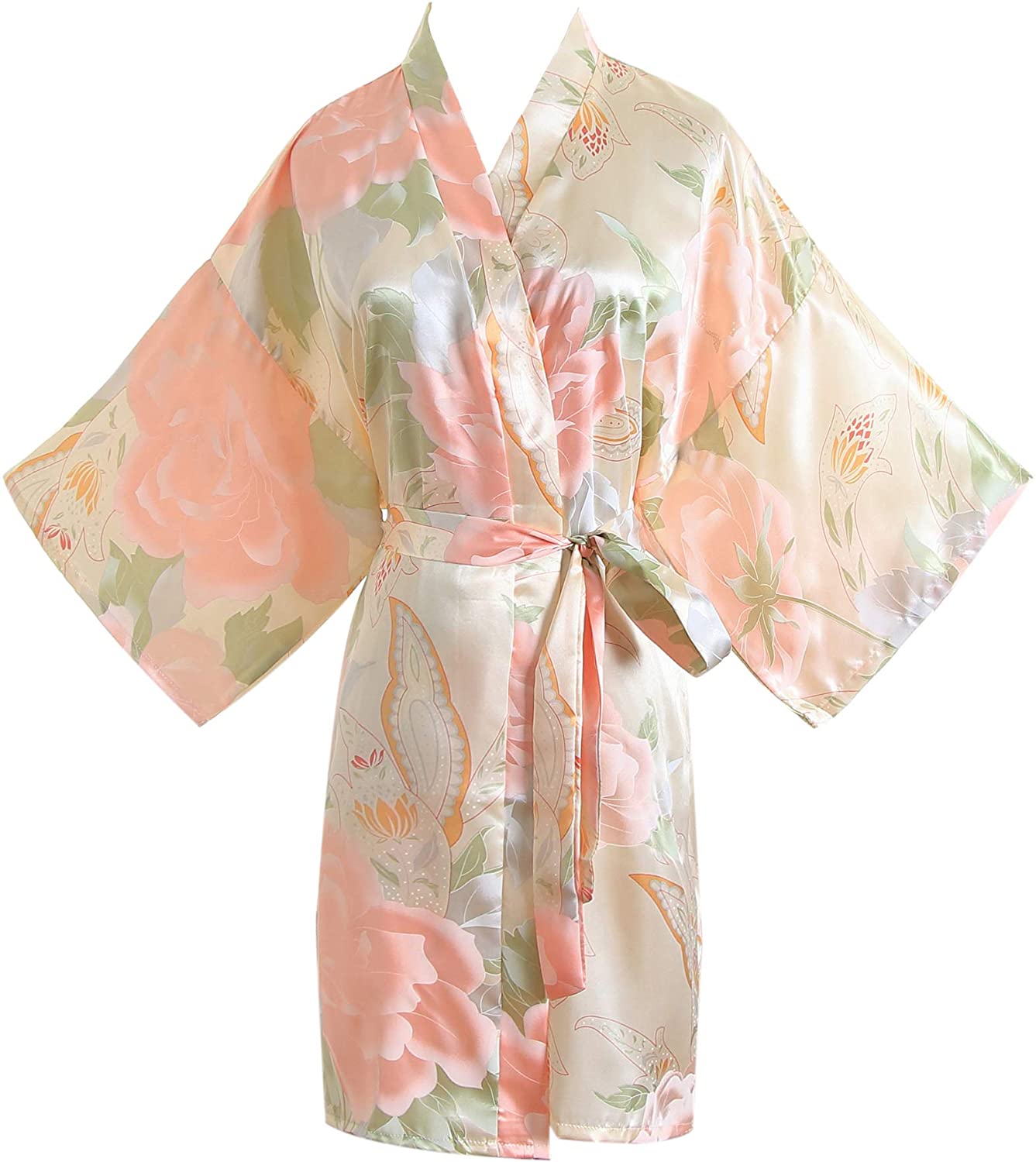 Price:$13.99 Floral Satin Bridal Robe Silk Bridesmaid Robes Bridal Party Robe Dressing Gown Wedding Gifts Champagne at Amazon Women’s Clothing store