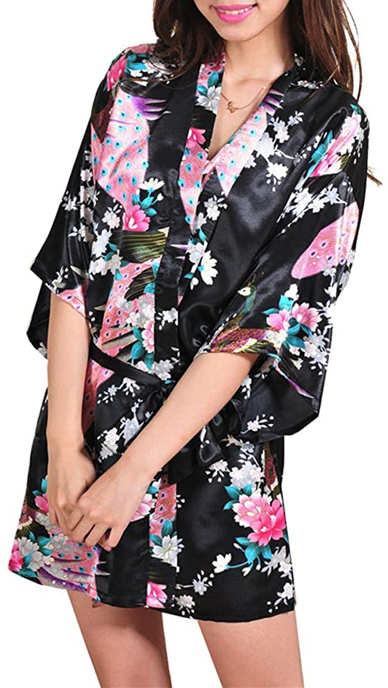 Price:$16.99 Lovmi Floral Satin Kimono Robes for Women Short Bridesmaid and Bride Robe for Wedding Party at Amazon Women’s Clothing store